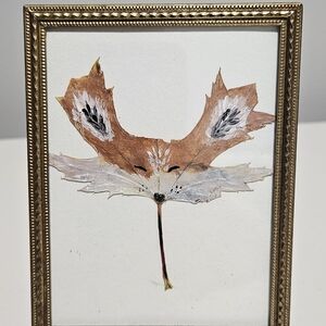 Hand Painted Leaf With Fox Face Framed In Vintage Golden Brass Picture Frame